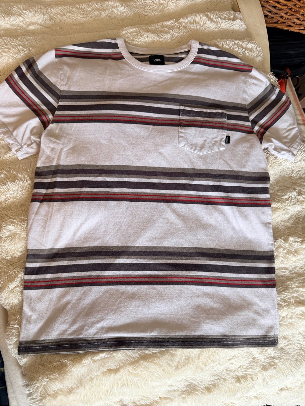 Vans White Short-Sleeve Striped Pocket Tee with Red & Gray Accents